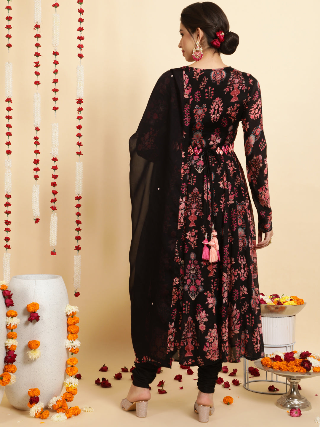 Black Ethnic Printed Zardozi Anarkali Kurta With Churidar And Dupatta