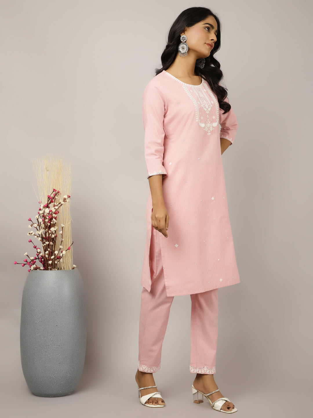 Thread And Sequin Embroidered Cotton Suit Set