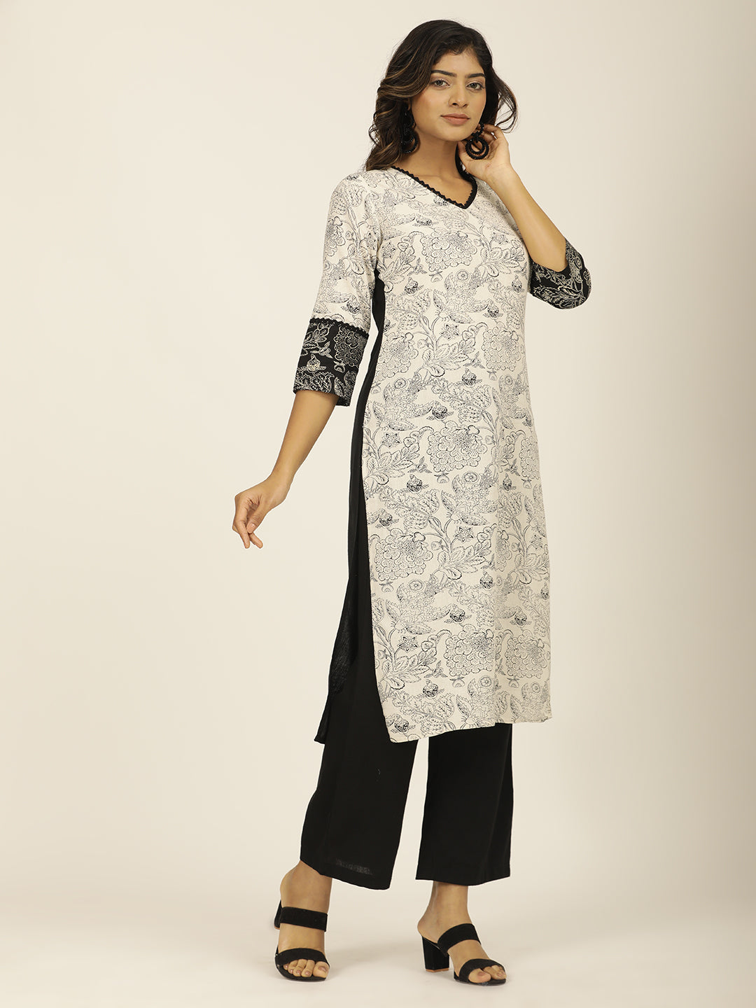 Black Handblock Printed Buddha Embroidered Kurta Set