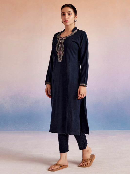 Navy Blue Embroidered Woolen Straight Kurta