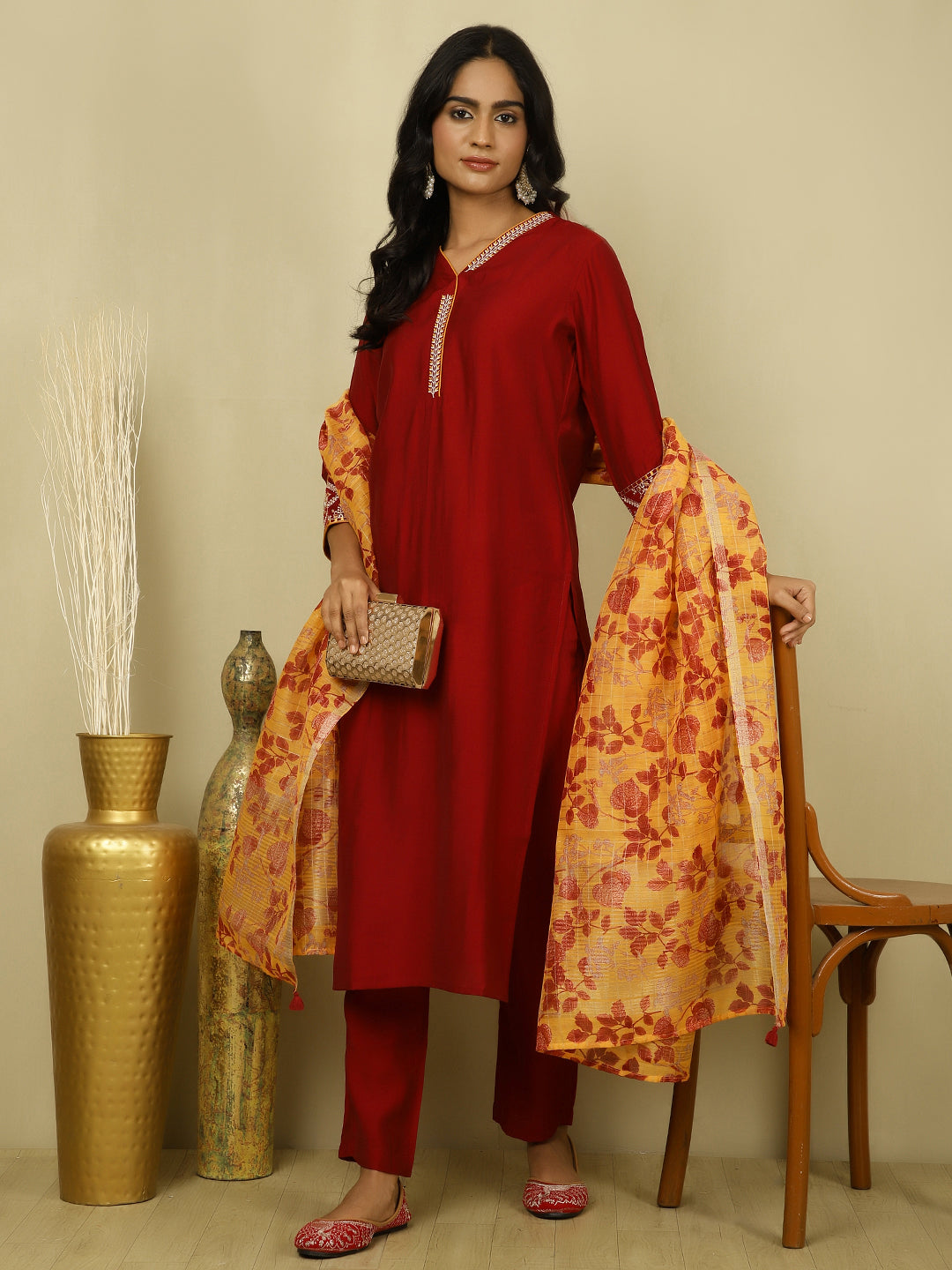 Maroon Silk Blend Embroidered Suit Set