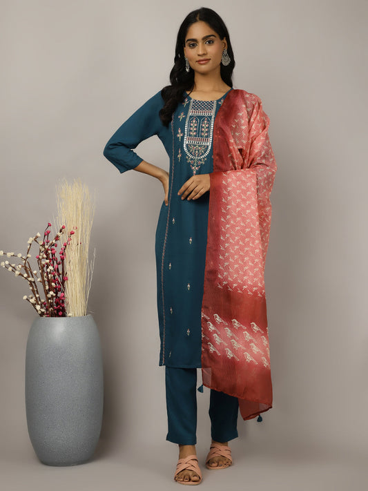 Teal Embroidered Kurta Set With Dupatta