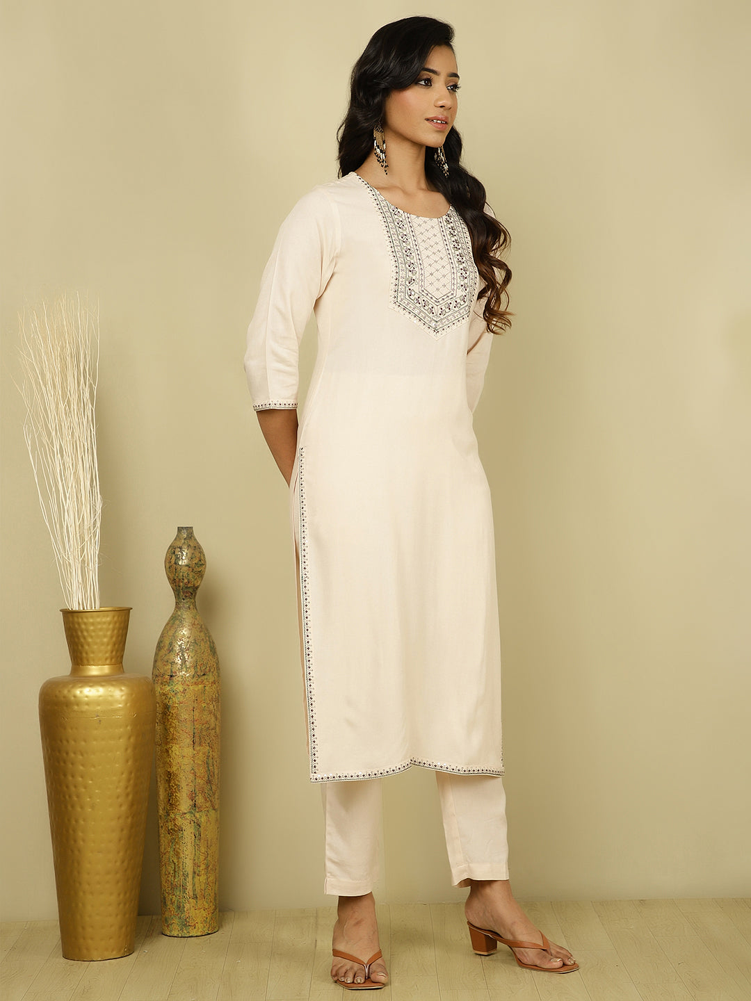 Beige Embroidered Festive Suit Set