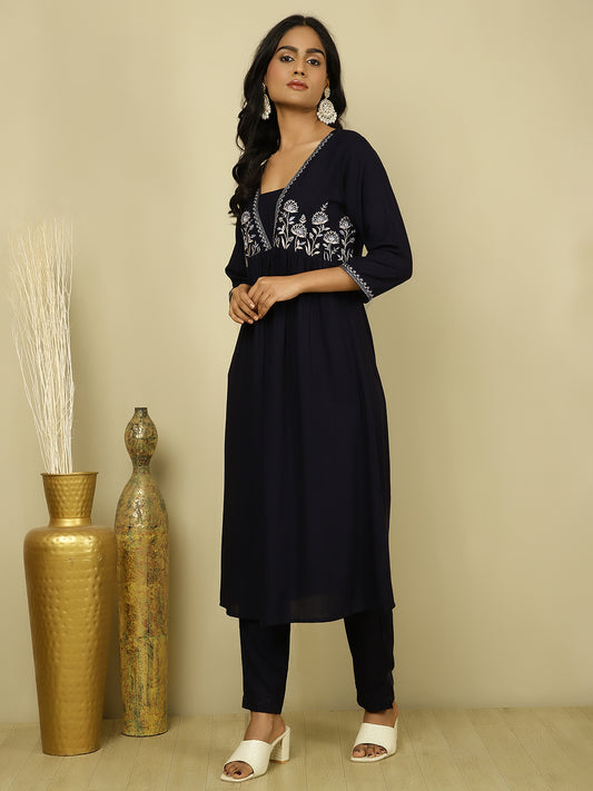 Navy Blue Embroidered Suit Set