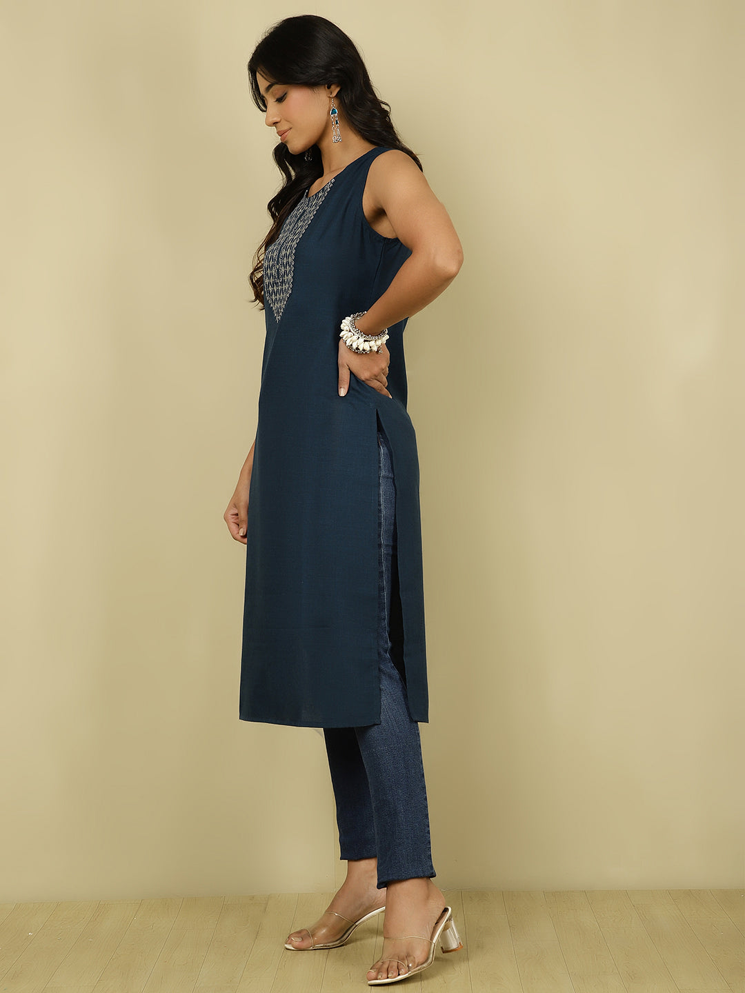 Teal Embroidered Sleeveless Kurta