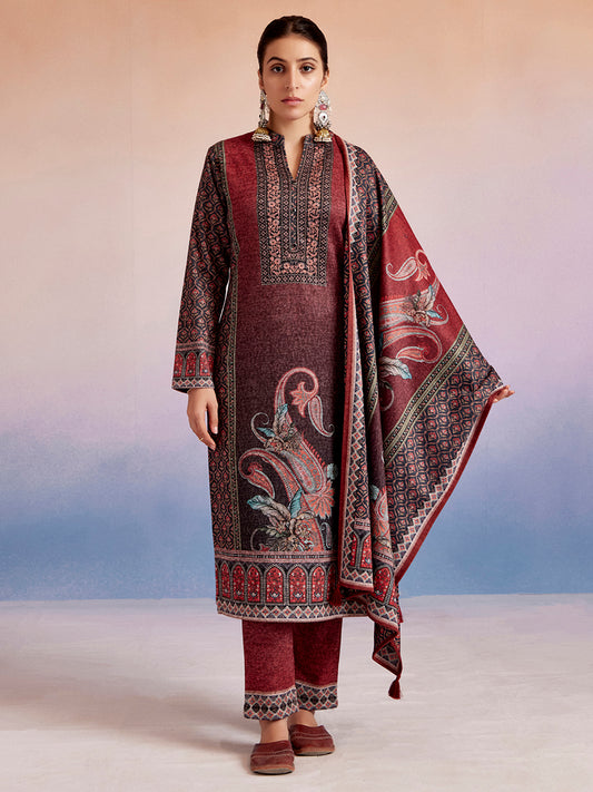 Rust Woolen Floral Printed Kurta Set With Dupatta