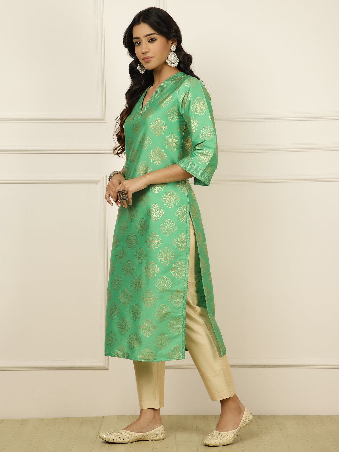 Green Ethnic Printed Straight Kurta