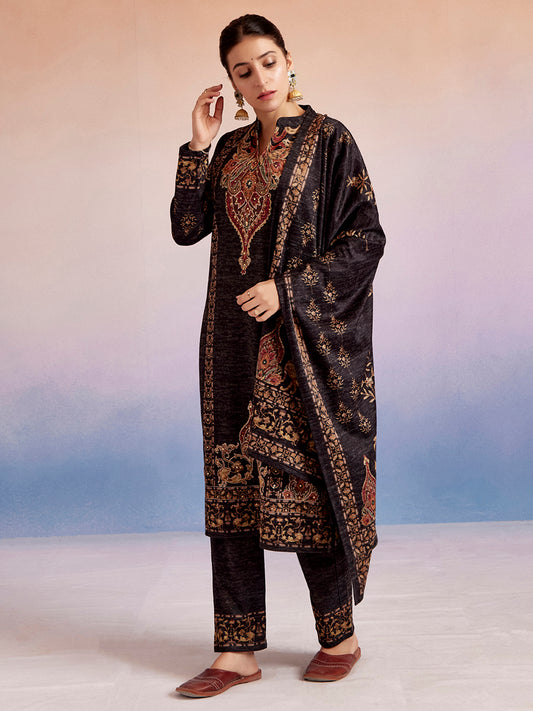 Black Woolen Ethnic Printed Kurta Set With Dupatta