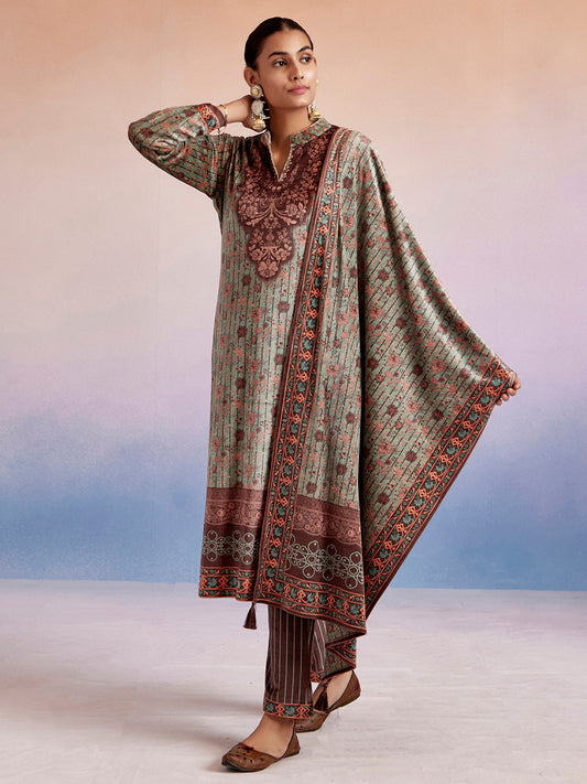 Mint Green Woolen Ethnic Printed Kurta Set With Dupatta