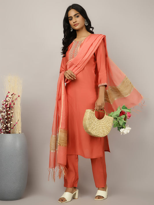 Silk Blend Coral Embroidered Suit Set