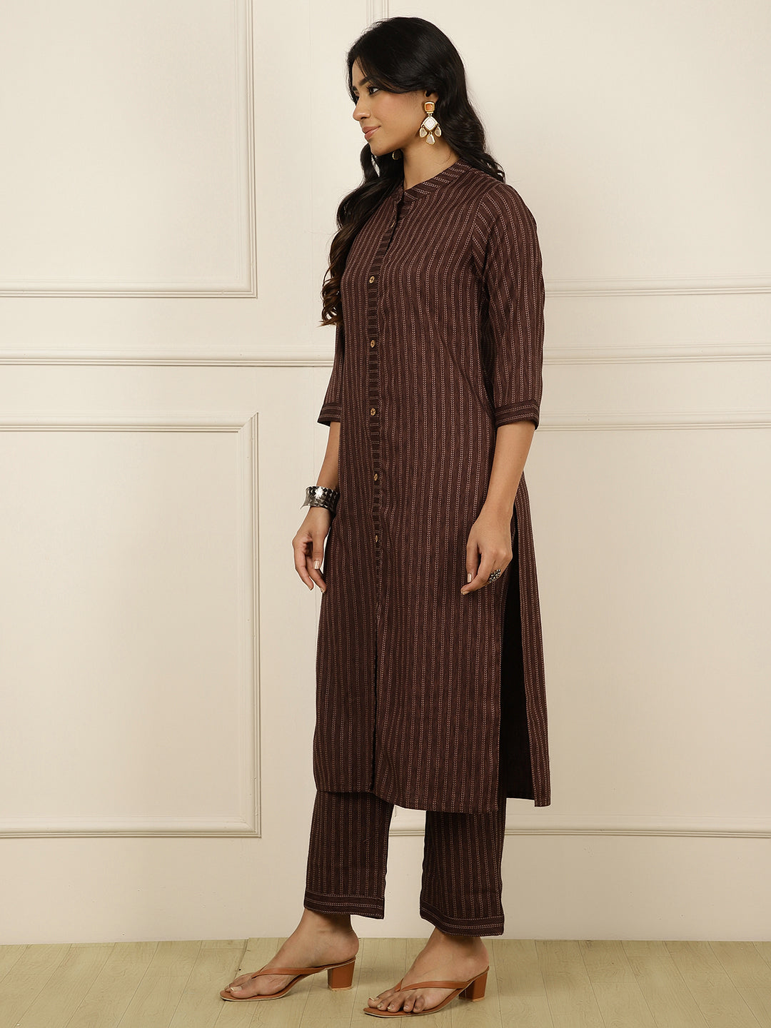 Self-Design Straight Brown Kurta With Palazzo