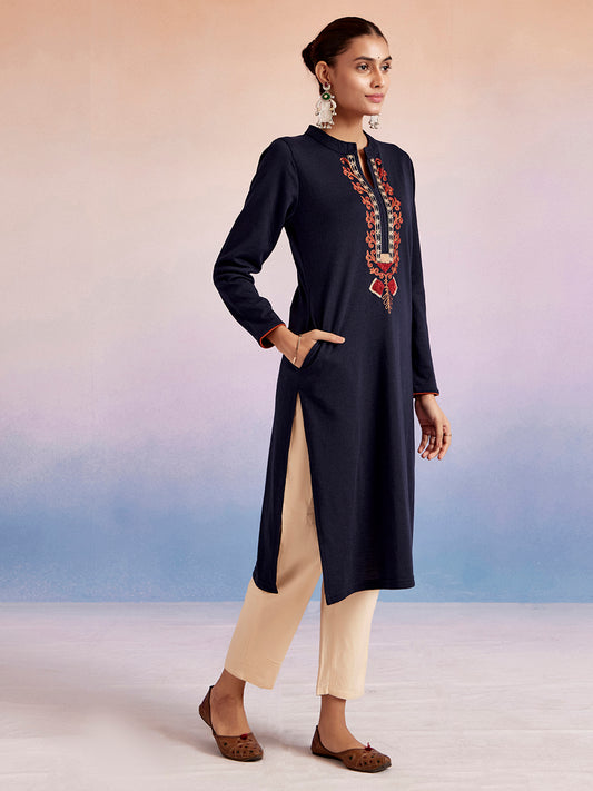 Navy Blue Embroidered Straight Woolen Kurta