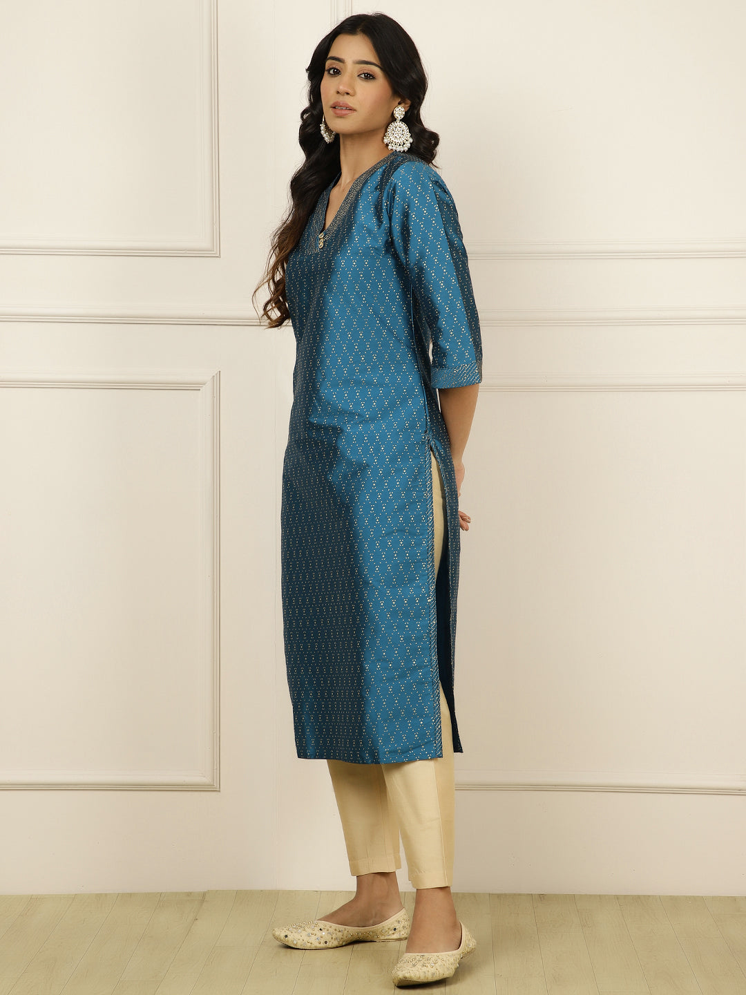 Teal Blue Ethnic Printed Straight Kurta