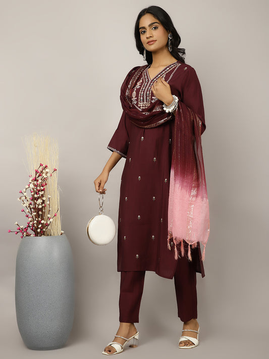 Silk Blend Wine Embroidered Suit Set