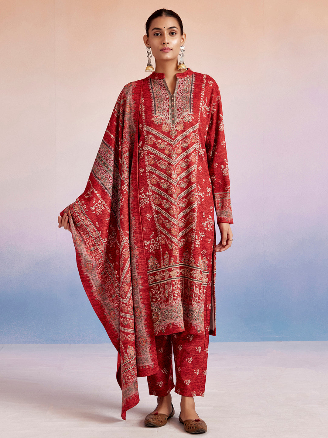 Red Woolen Ethnic Printed Kurta Set With Dupatta