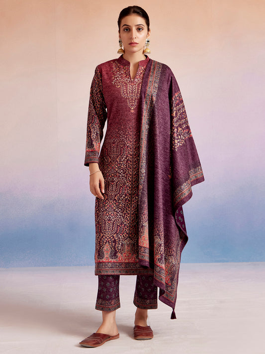 Pink Woolen Floral Printed Kurta Set With Dupatta