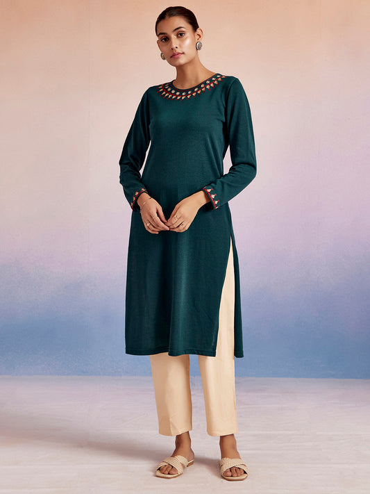 Teal Embroidered Straight Woolen Kurta