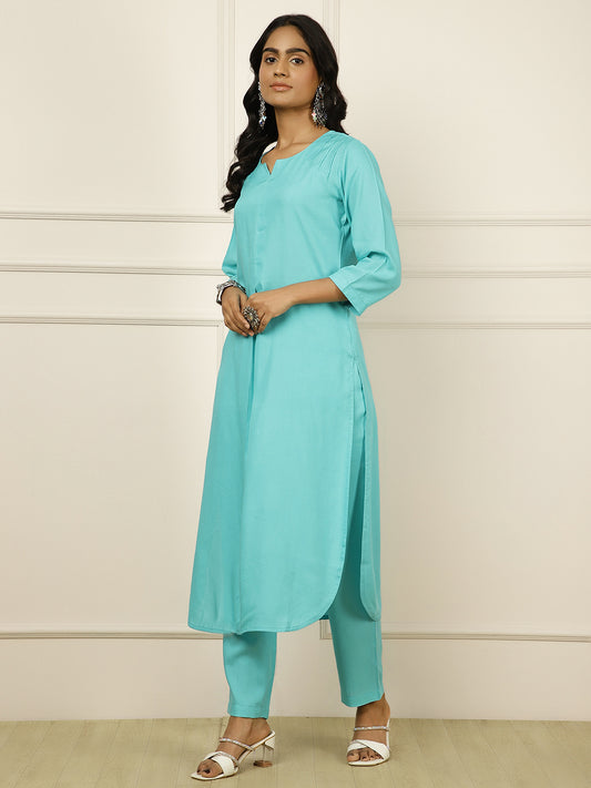 Aqua Pleated Straight Kurta With Pants
