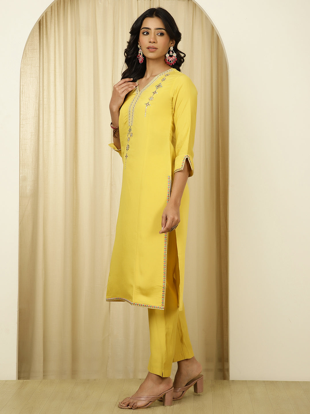 Silk Blend Mustard Embroidered Suit Set