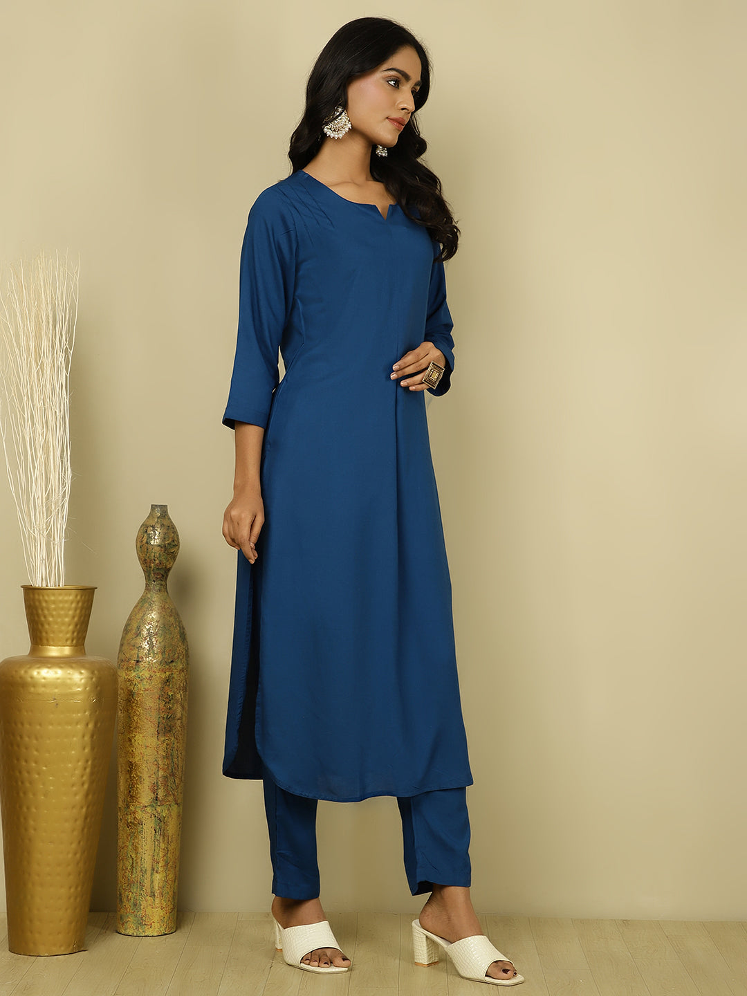 Teal Blue Pleated Straight Kurta With Pants