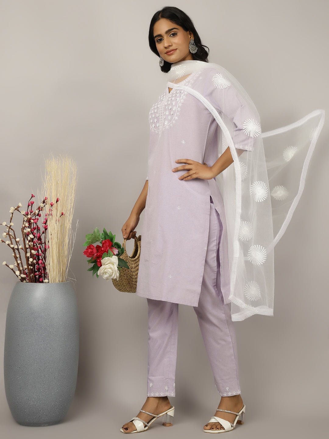 Lavender Sequin Embroidered Cotton Suit Set