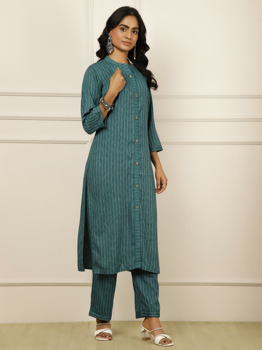 Self-Design Straight Teal Kurta With Palazzo