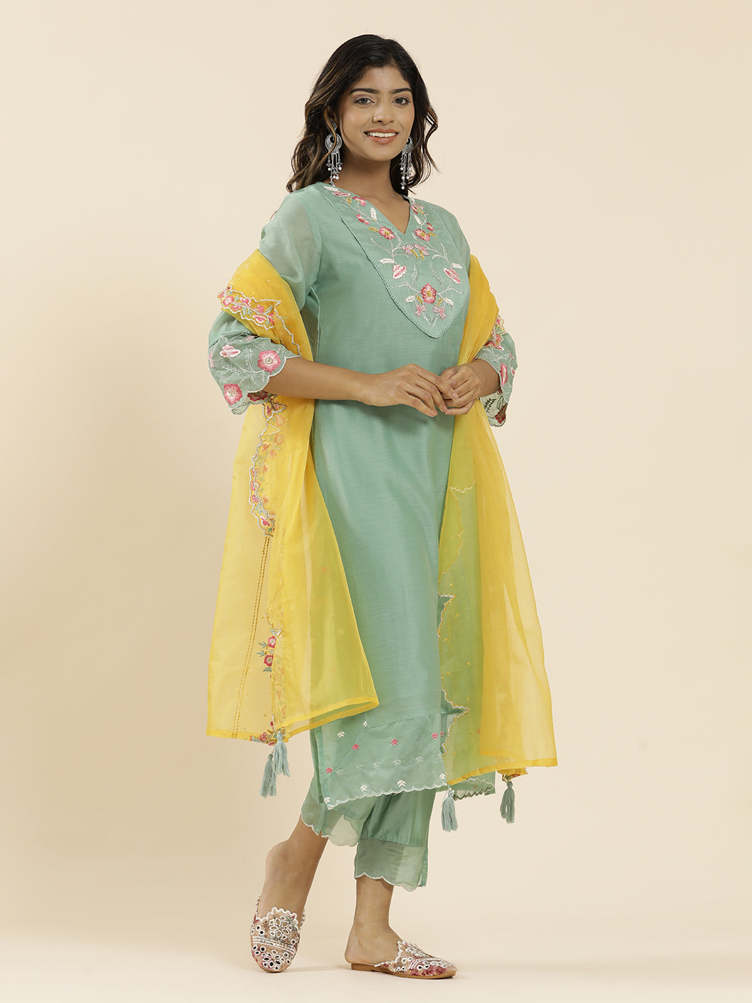 Sea Green Aari Work Straight Kurta With Pants And Dupatta