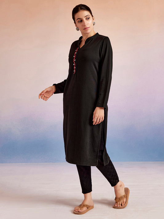 Black Embroidered Straight Woolen Kurta