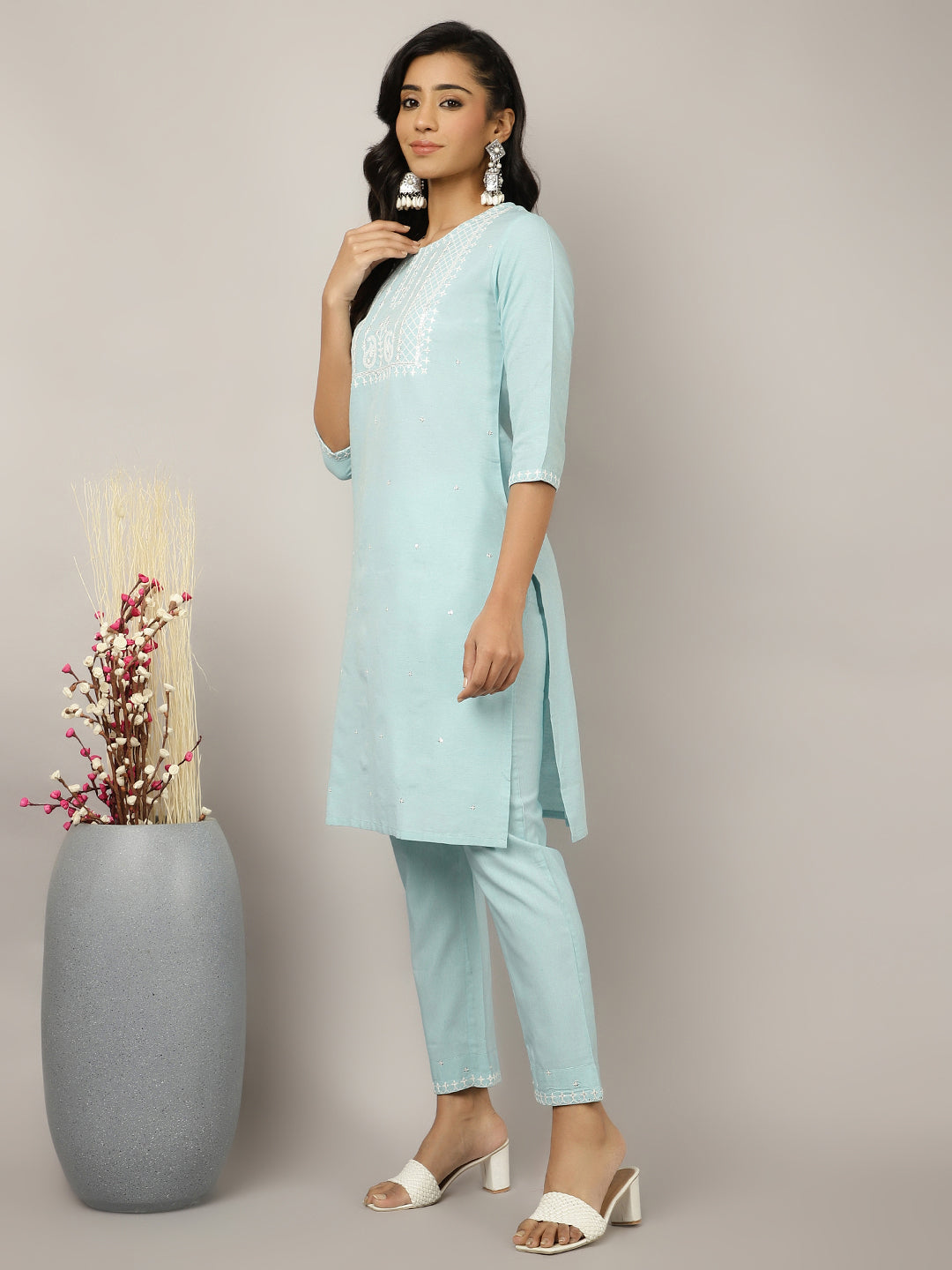 Light Blue Sequin Embroidered Suit Set