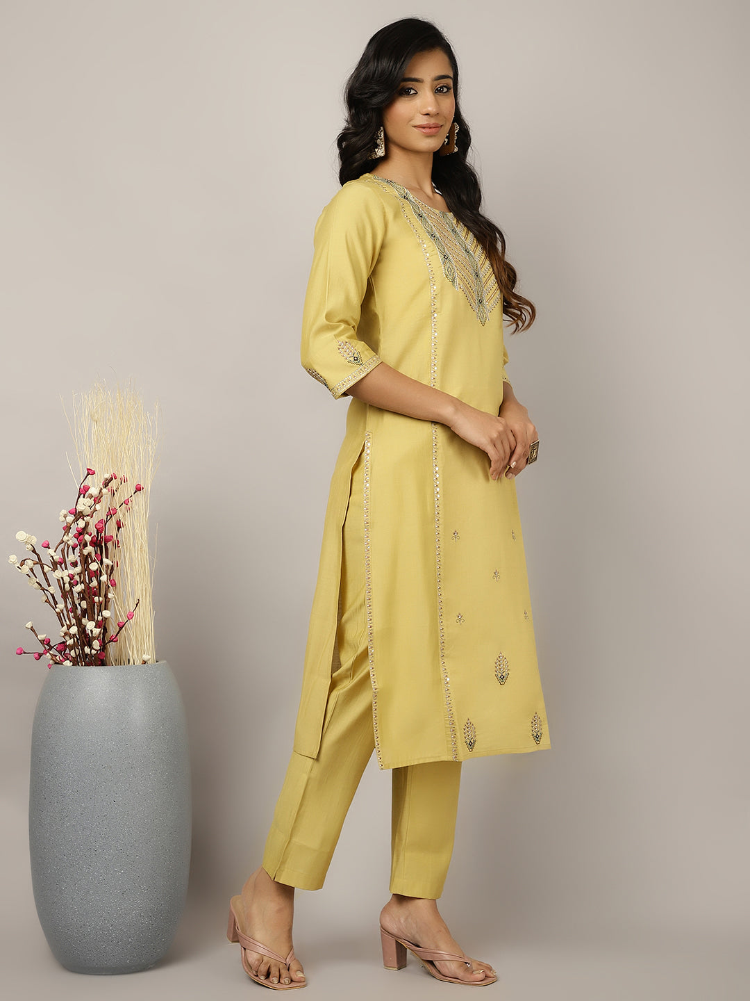 Silk Blend Yellow Embroidered Suit Set