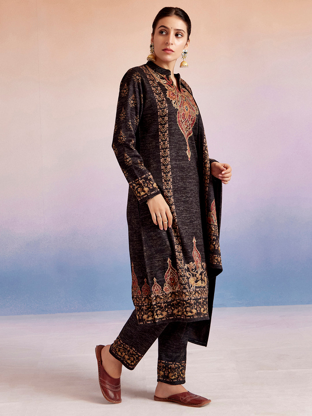 Black Woolen Ethnic Printed Kurta Set With Dupatta