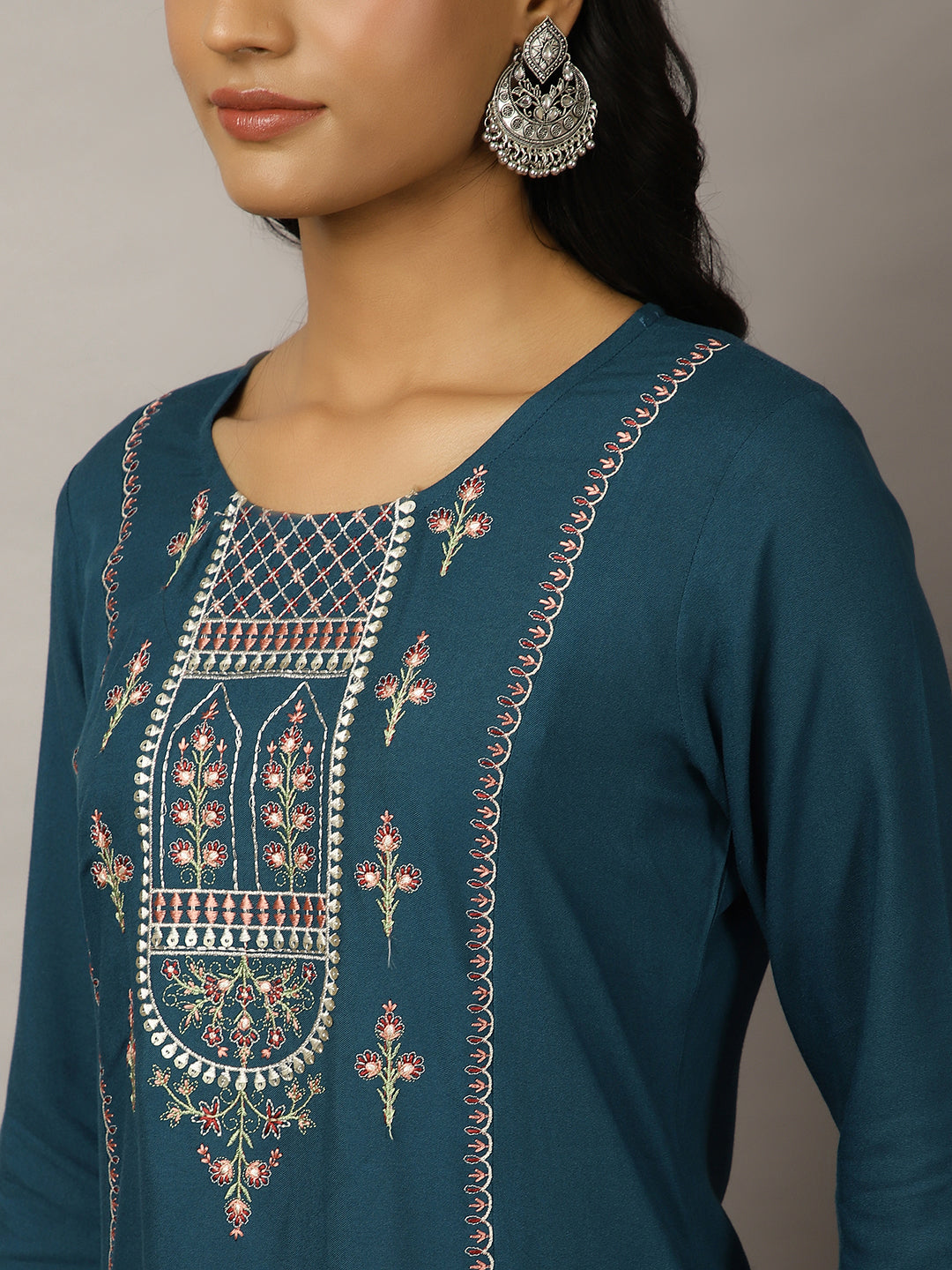 Teal Embroidered Kurta Set With Dupatta