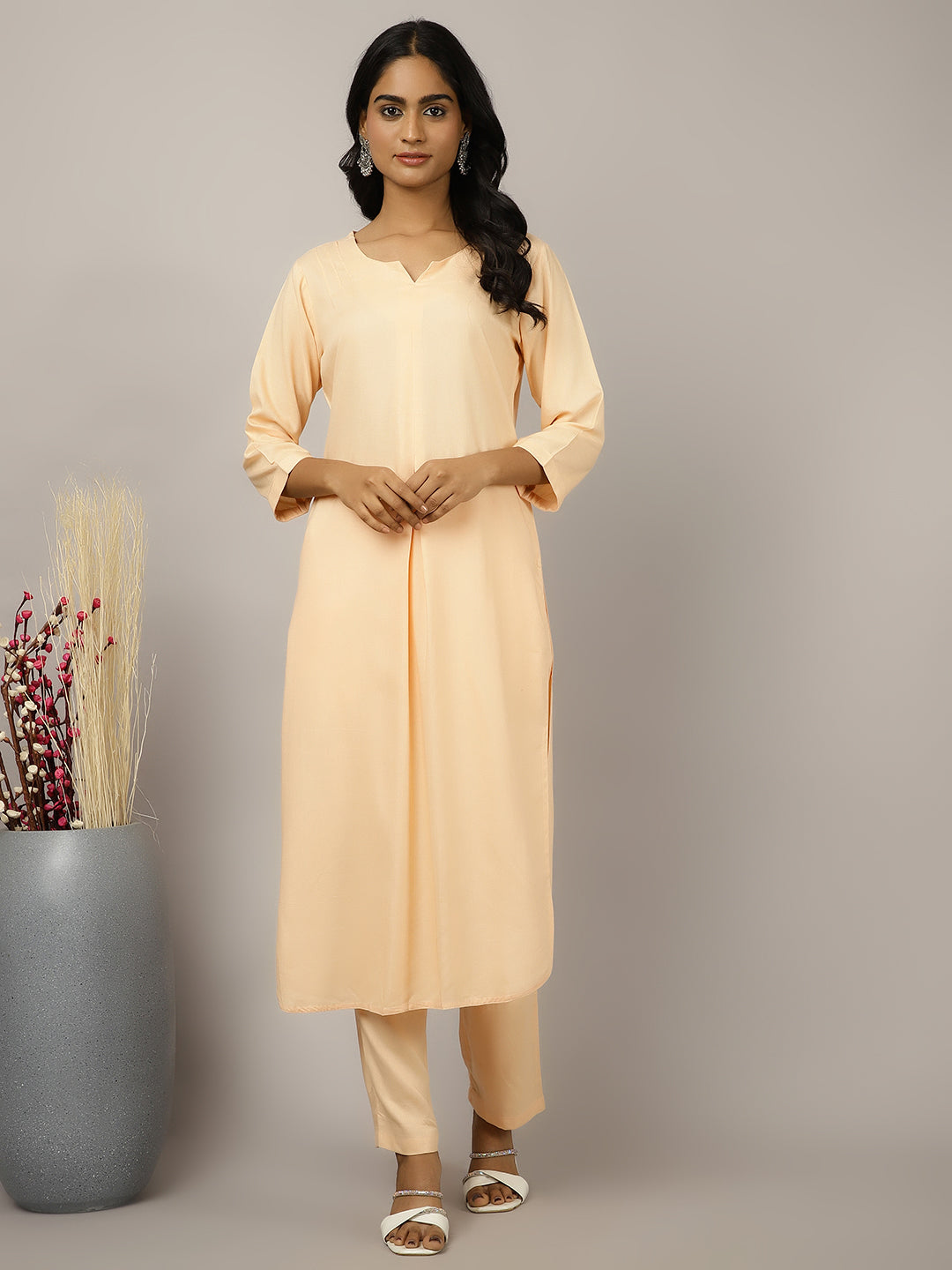 Peach Pleated Straight Kurta With Pants