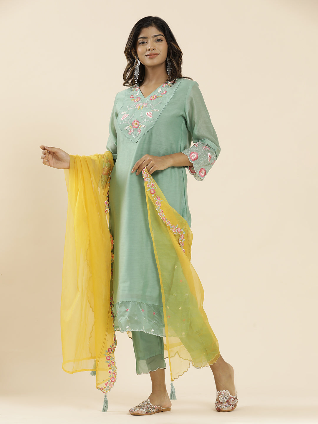 Sea Green Aari Work Straight Kurta With Pants And Dupatta