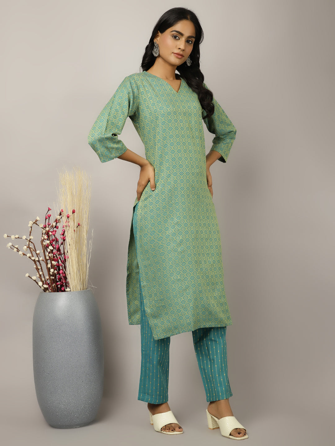 Sea Green Self-Design Festive Suit Set