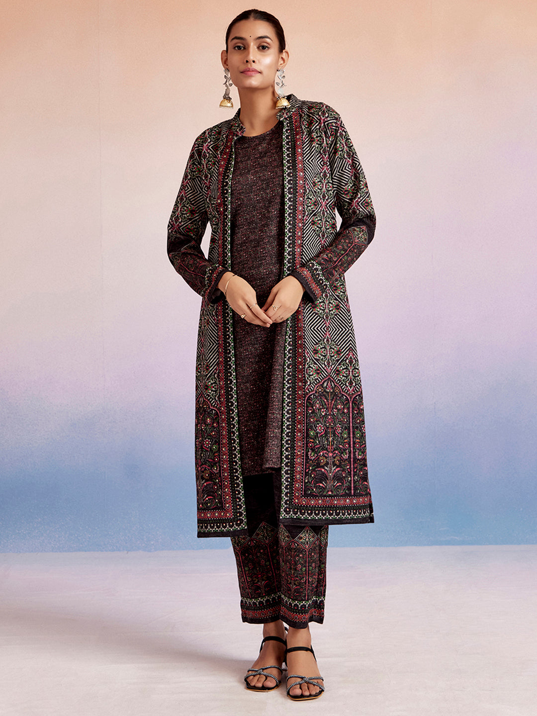 Grey Woolen Ethnic Printed Co-ord Set