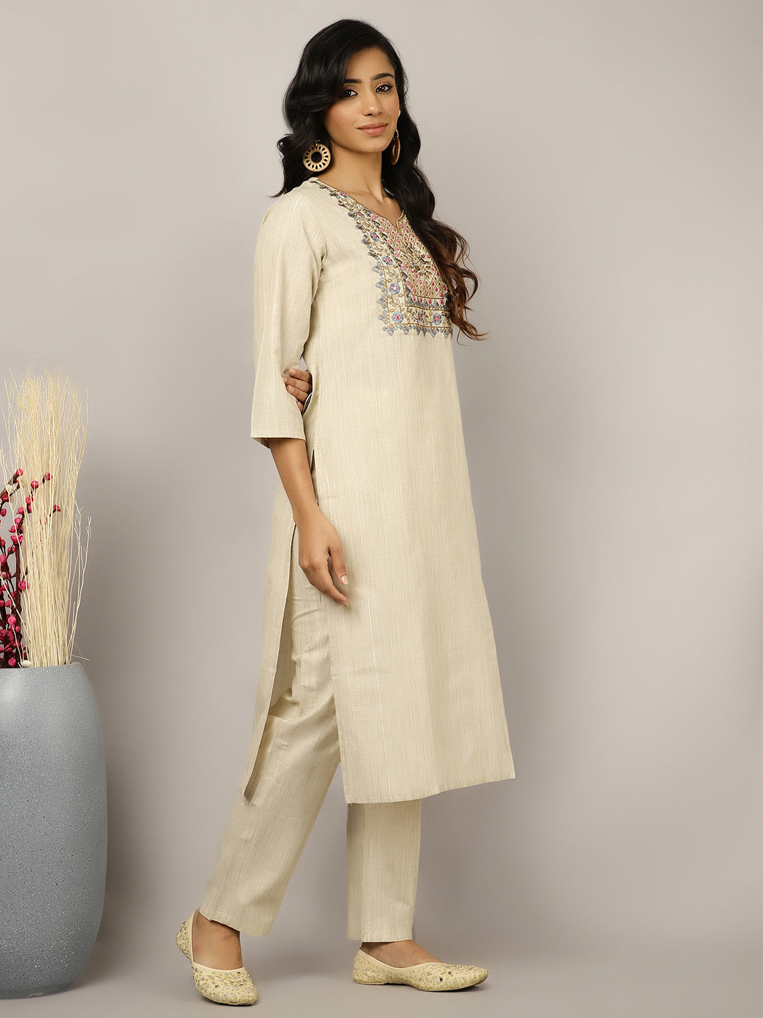 Beige Mirror Work Embroidered Festive Suit Set