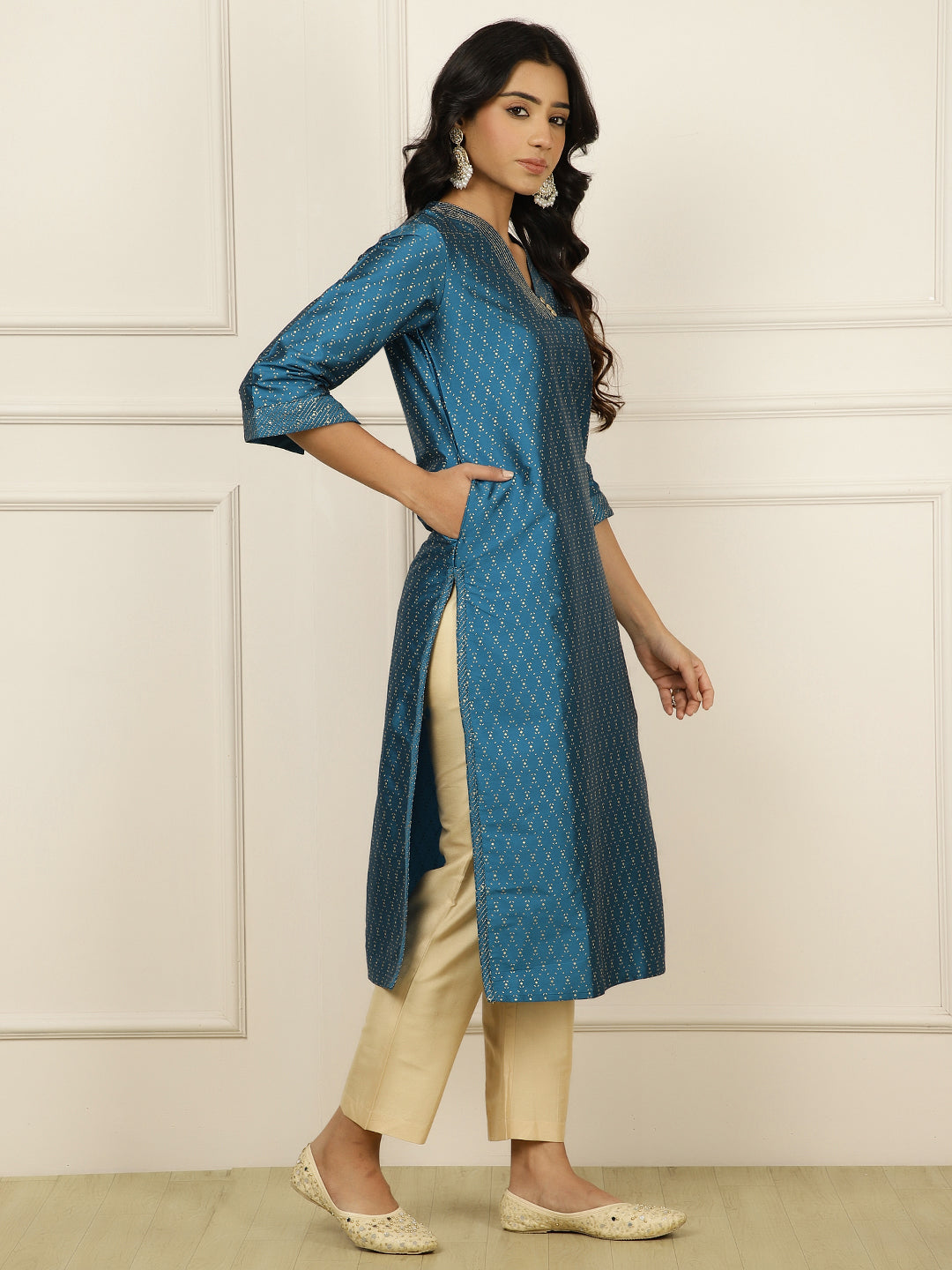 Teal Blue Ethnic Printed Straight Kurta