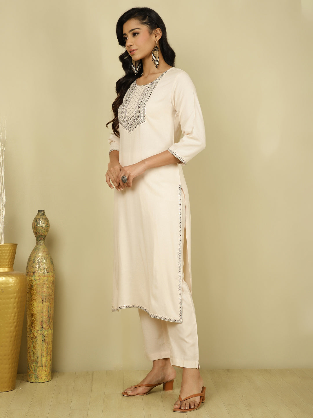 Beige Embroidered Festive Suit Set