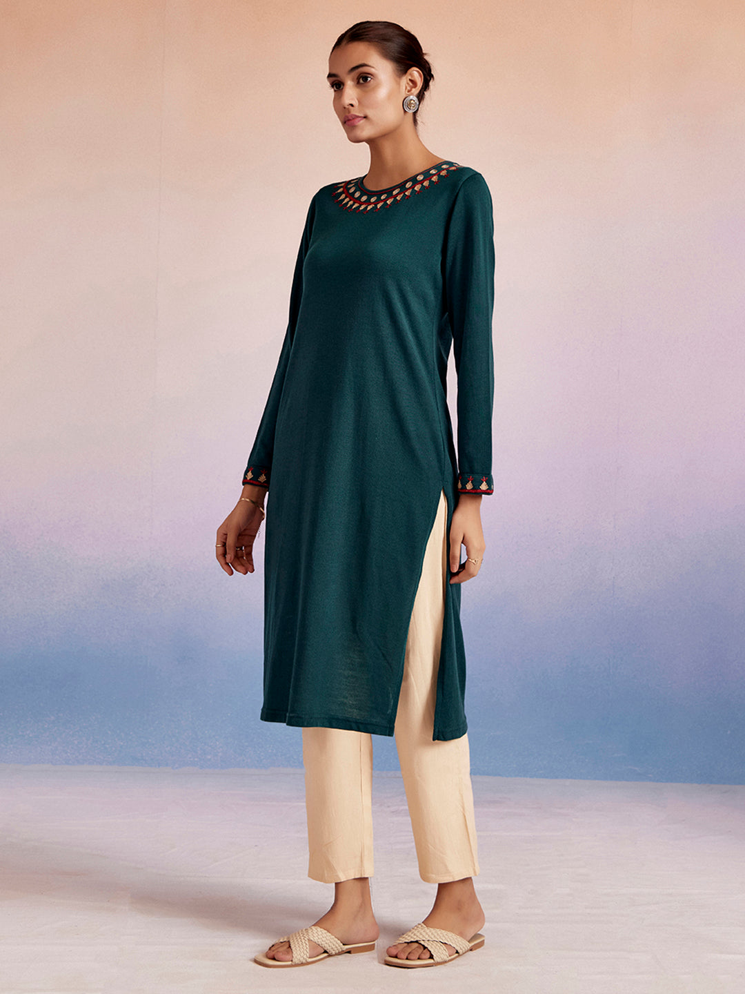 Teal Embroidered Straight Woolen Kurta