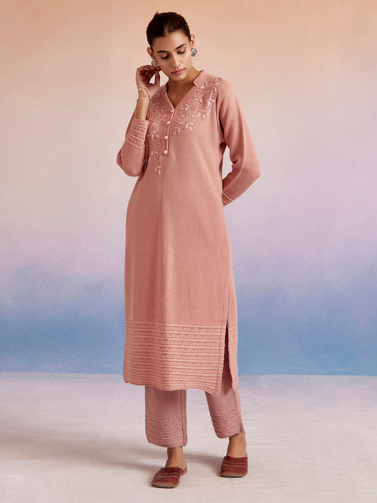 Pink Self Woven Embellished Woolen Kurta Set