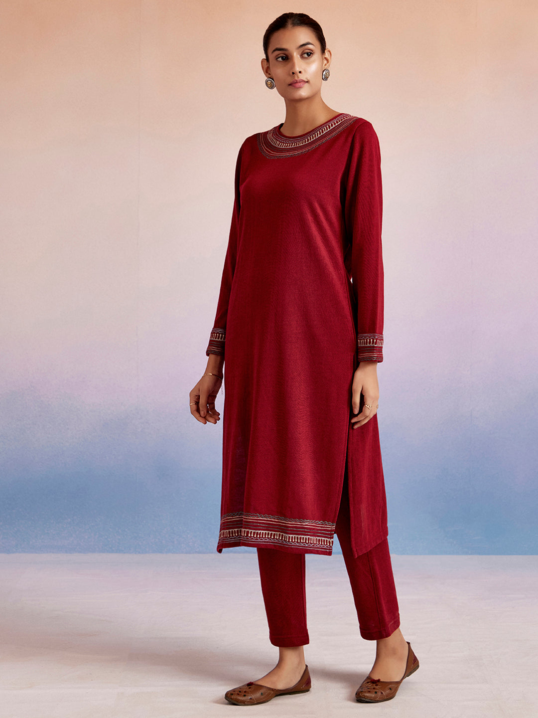 Maroon Embroidered Straight Woolen Kurta