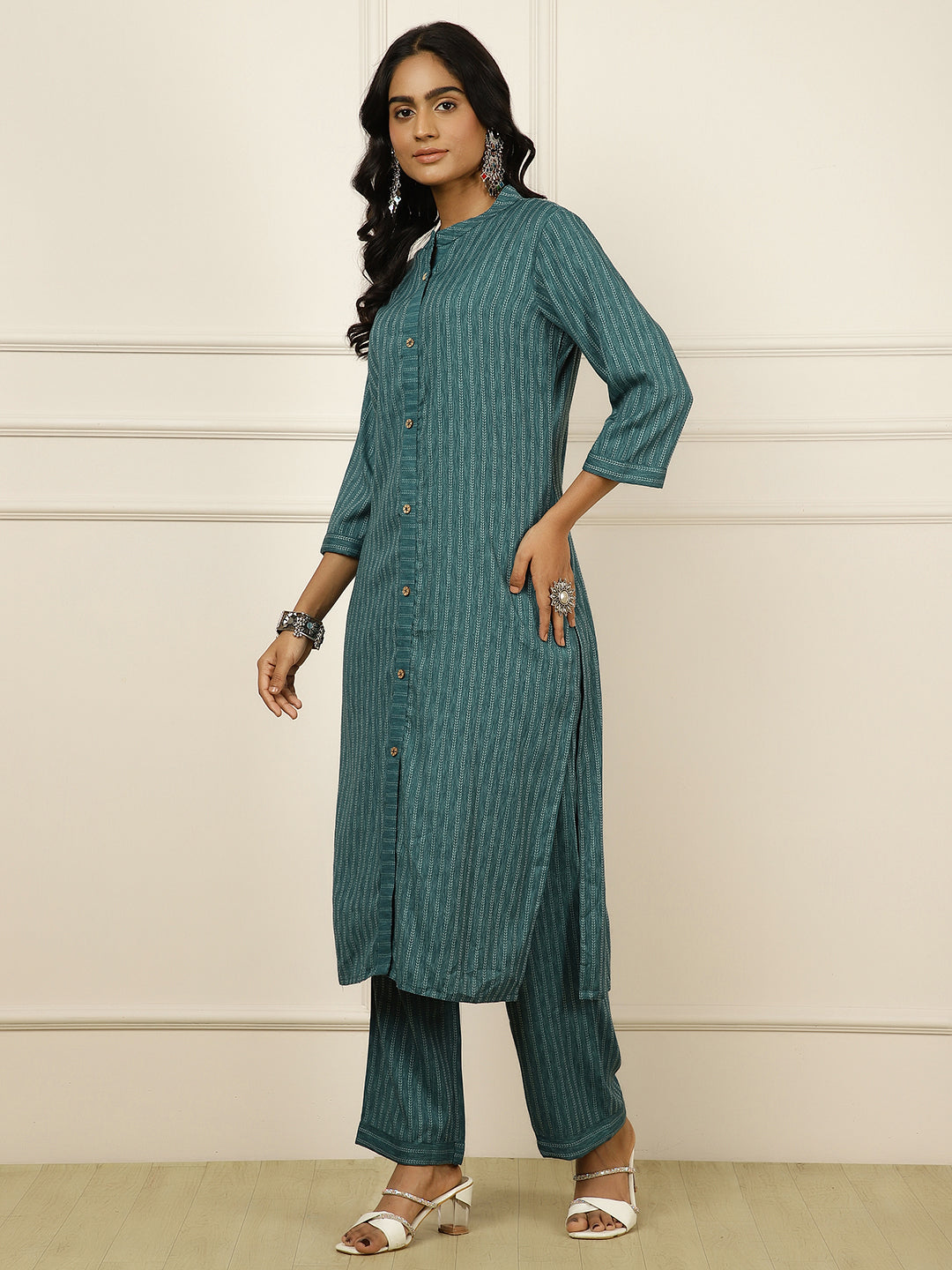 Self-Design Straight Teal Kurta With Palazzo