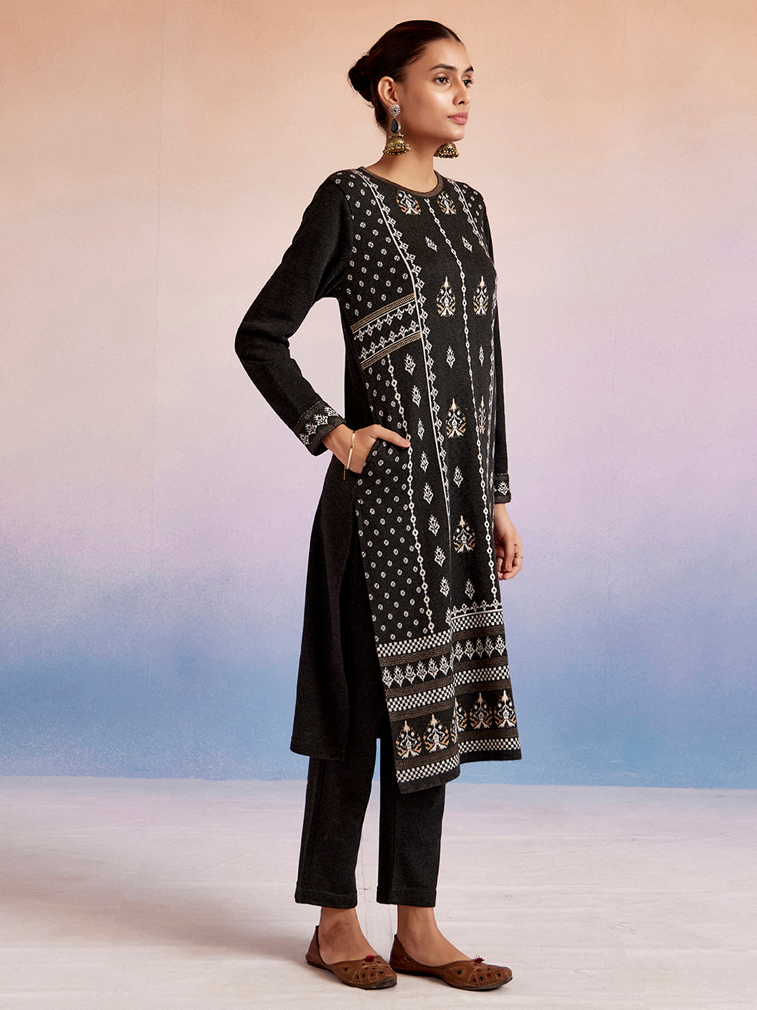 Ethnic Motif Printed Black Woolen Kurta Set