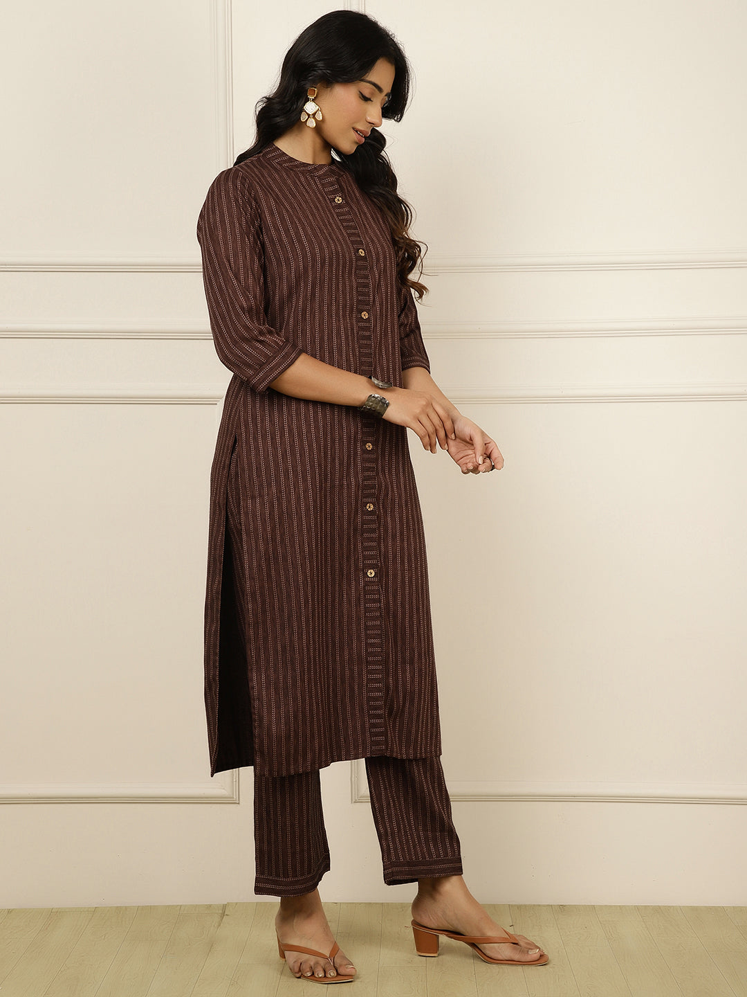 Self-Design Straight Brown Kurta With Palazzo