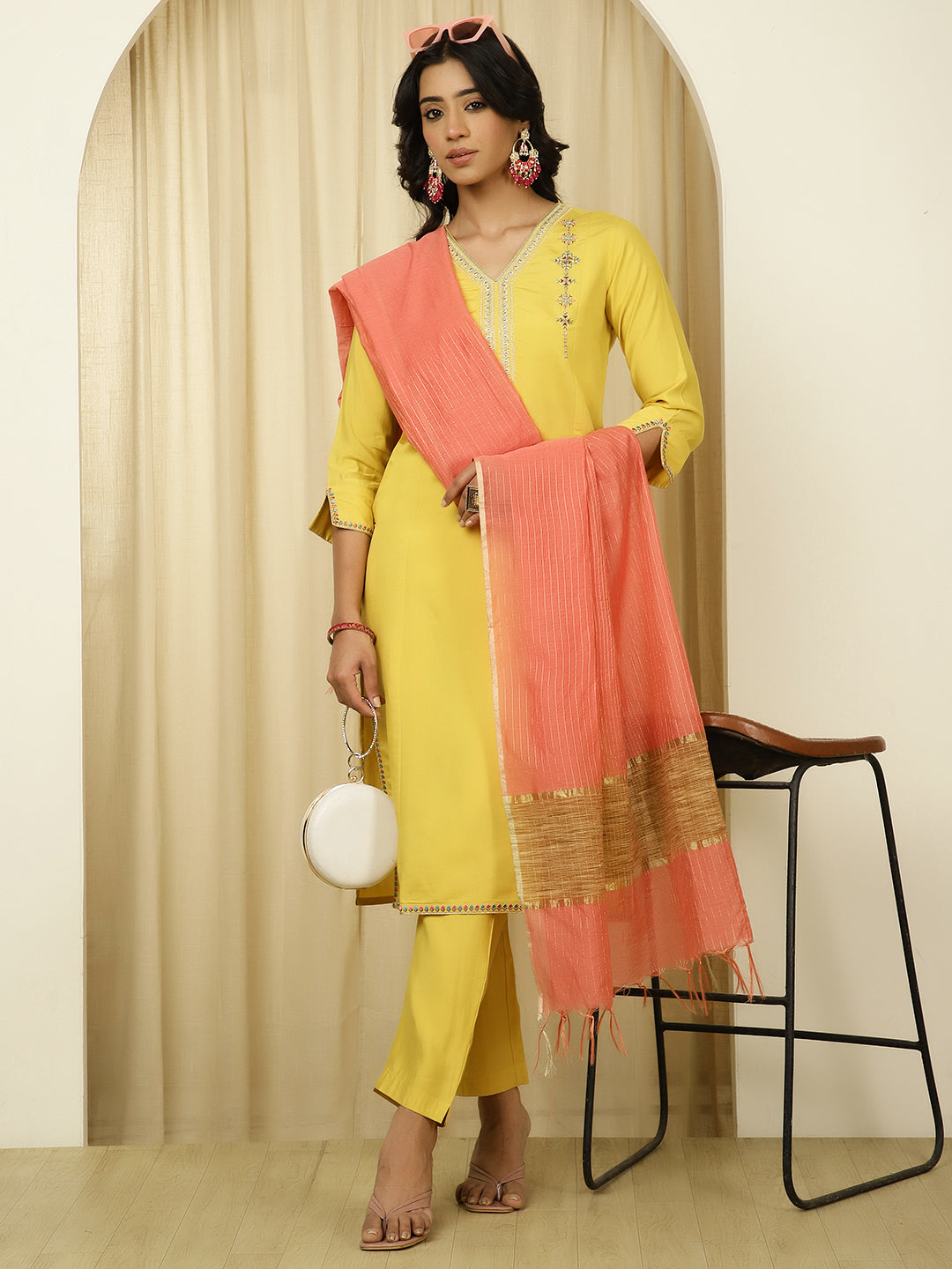 Silk Blend Mustard Embroidered Suit Set