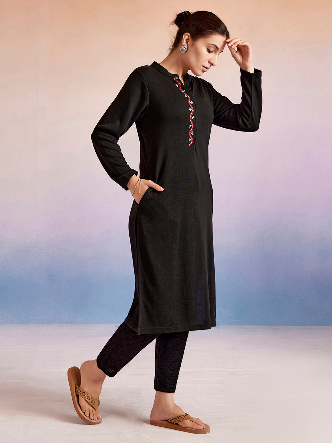 Black Embroidered Straight Woolen Kurta