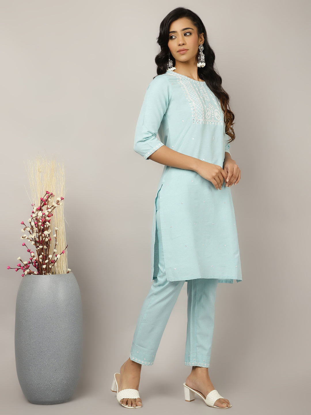 Light Blue Sequin Embroidered Suit Set