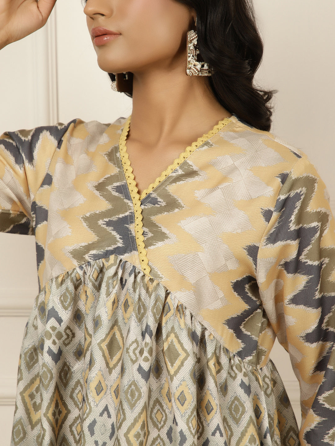 Geometric Printed Gathered Mustard Dress