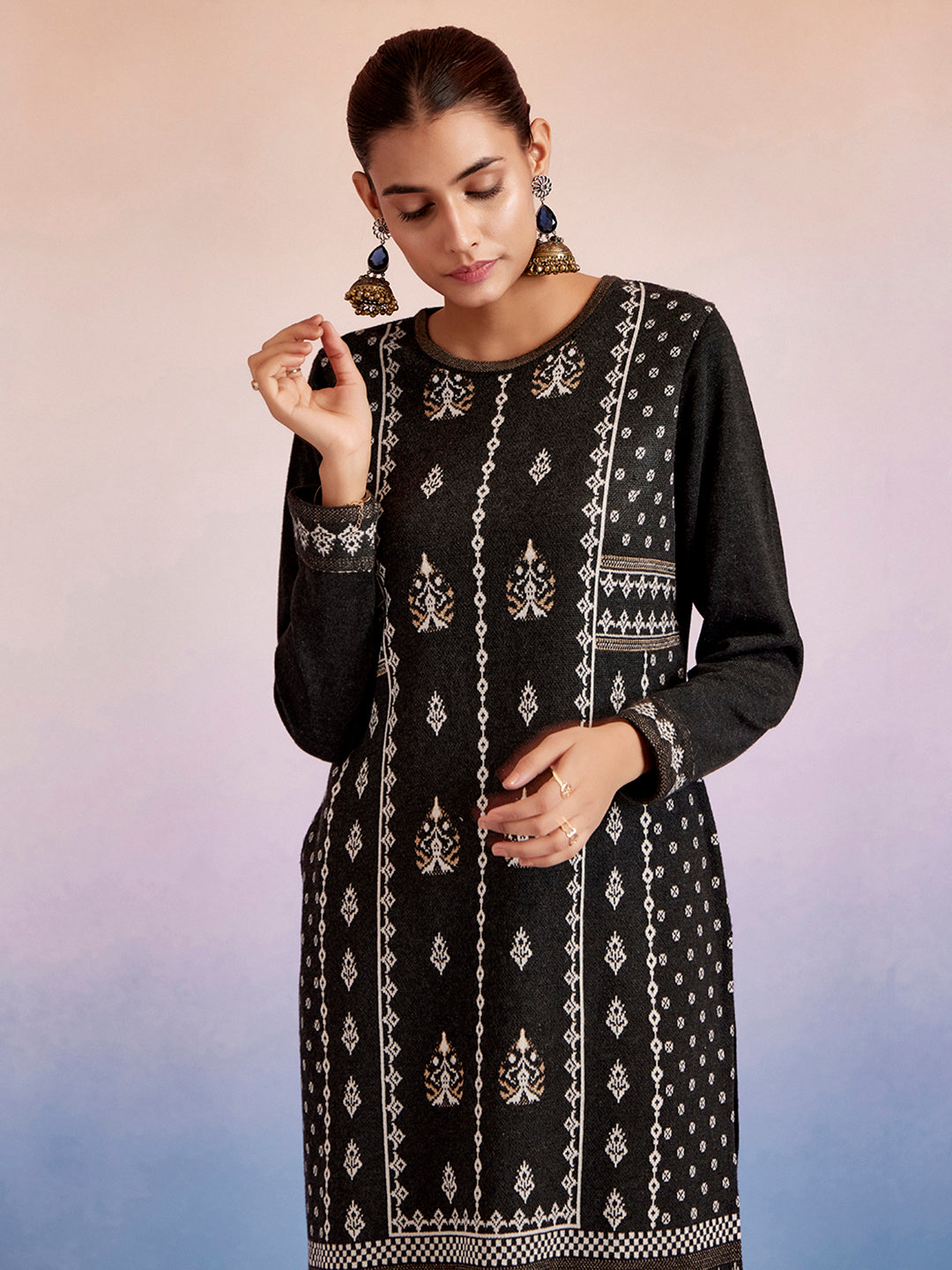 Ethnic Motif Printed Black Woolen Kurta Set